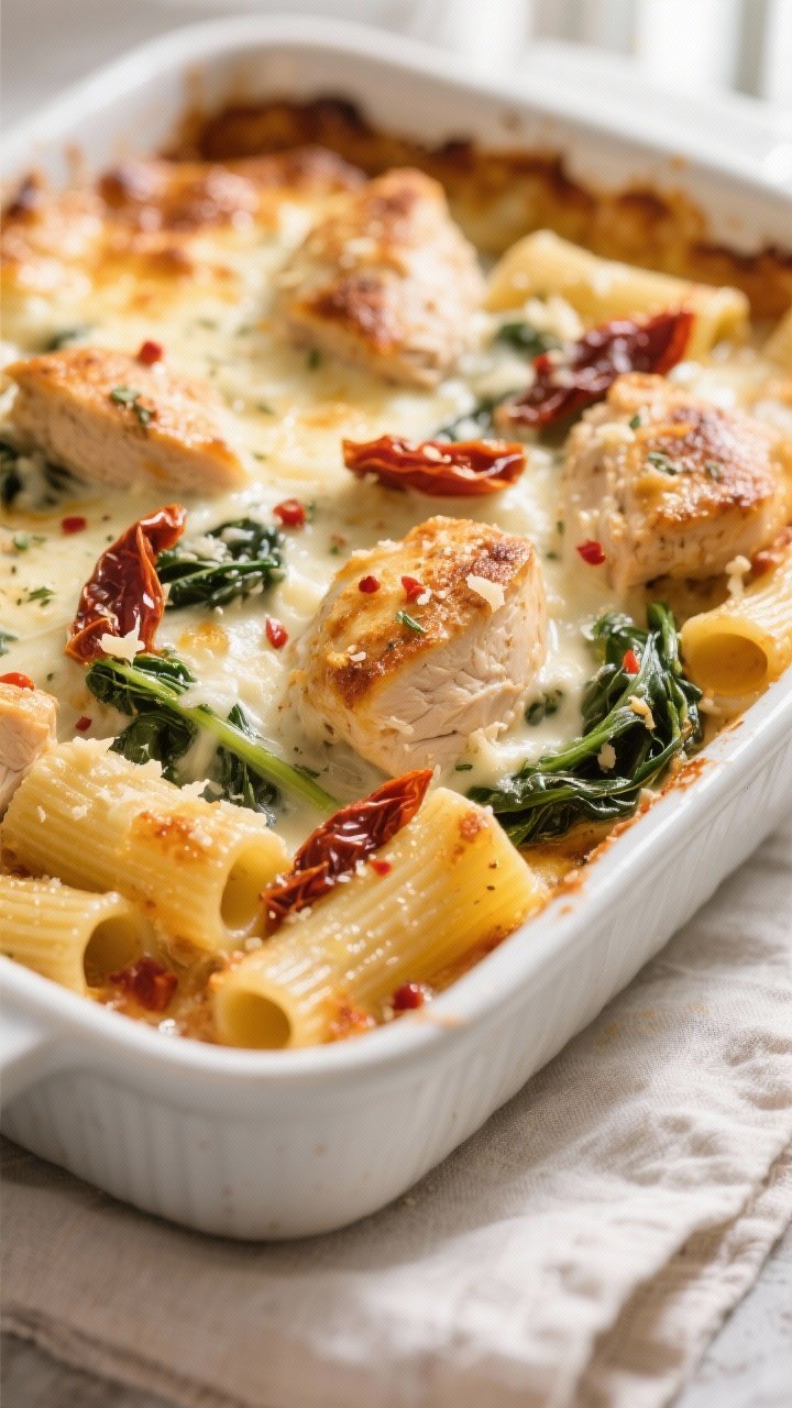 Close-up detail shot: Golden-bubbly baked Tuscan chicken pasta just out of the oven, showing stretch