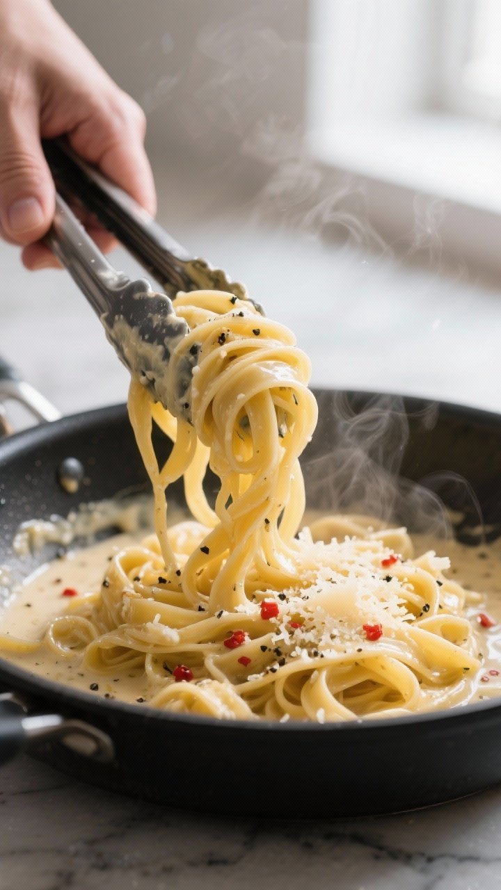 Close-up detail shot: Silky strands of fettuccine twirled around tongs mid-lift from a wide sauté p