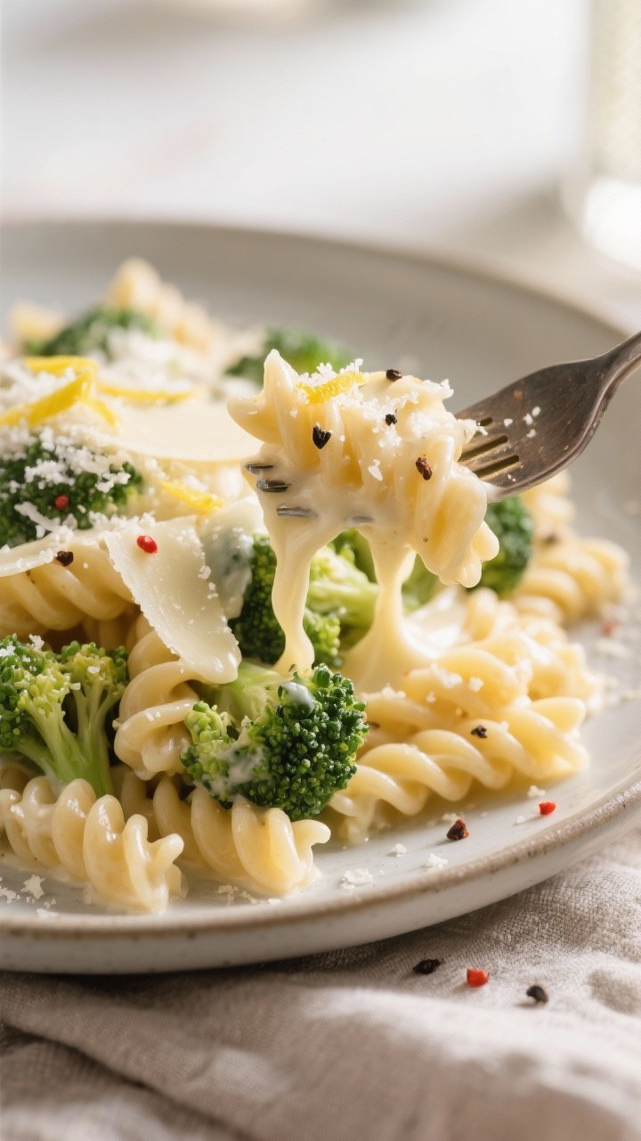 Close-up detail: Silky Alfredo-coated rotini twirled on a fork with tender-crisp broccoli florets ne