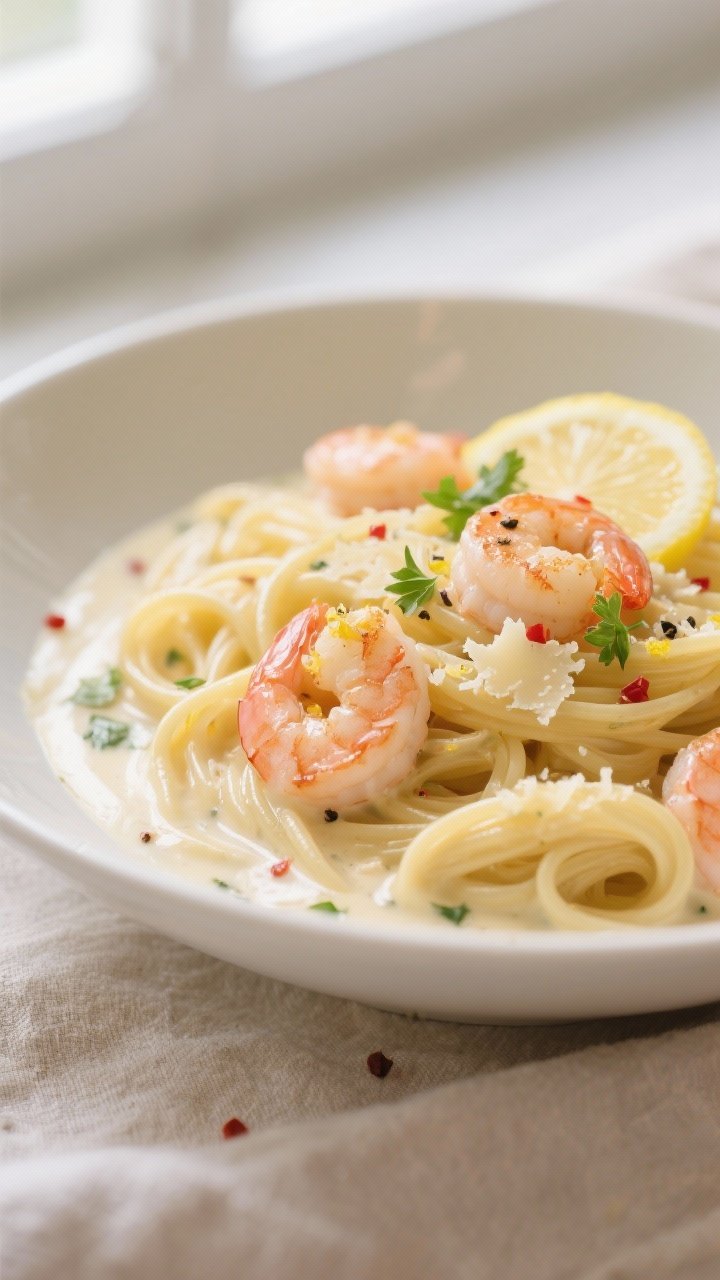 Close-up detail: Silky lemon-white wine cream sauce clinging to twirls of linguine with seared pink