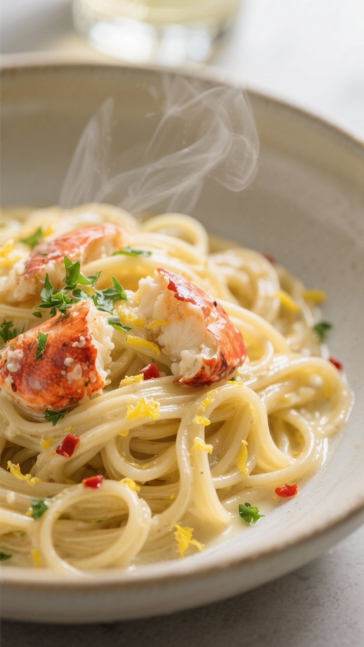 Close-up detail: Silky linguine twirled in a glossy butter–garlic and white wine sauce, strands co