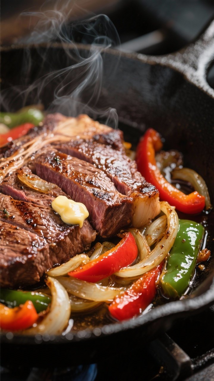 Close-up detail: Slices of seared ribeye steak nestled among softened caramelized onions and red/gre