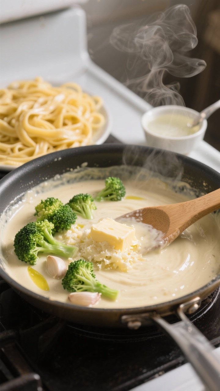 Cooking process: Alfredo sauce in a wide stainless skillet at low heat, cheese being gradually incor