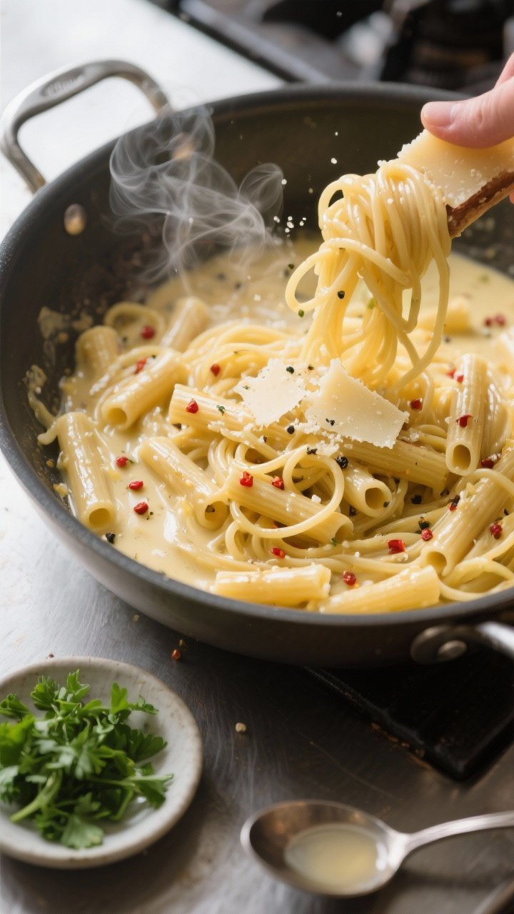 Cooking process: Bucatini being tossed in a large sauté pan with a silky roasted-garlic–butter sa