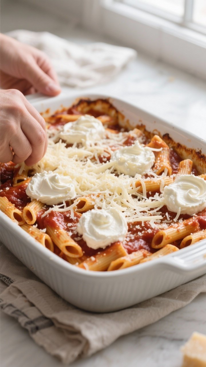 Cooking process close-up: Baked ziti being assembled in a white ceramic baking dish—par-cooked zit