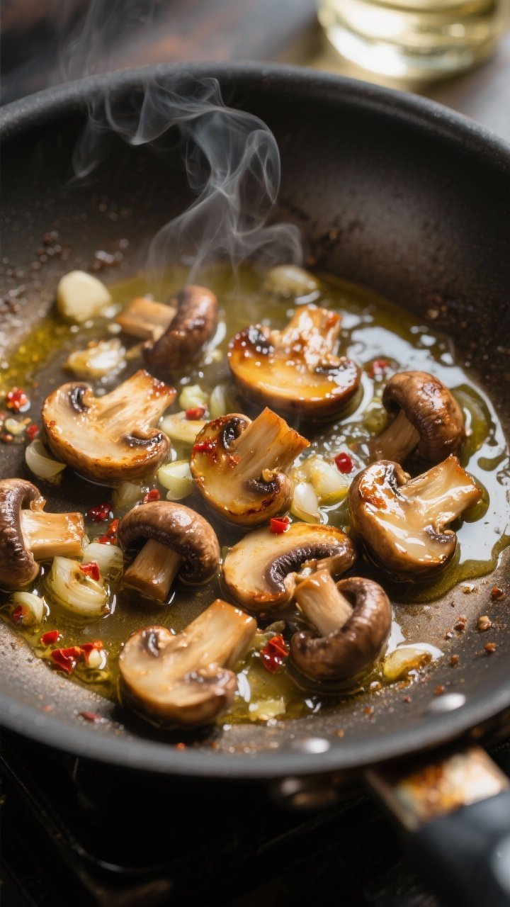 Cooking process close-up: Caramelized cremini and baby bella mushrooms sizzling in a wide skillet wi