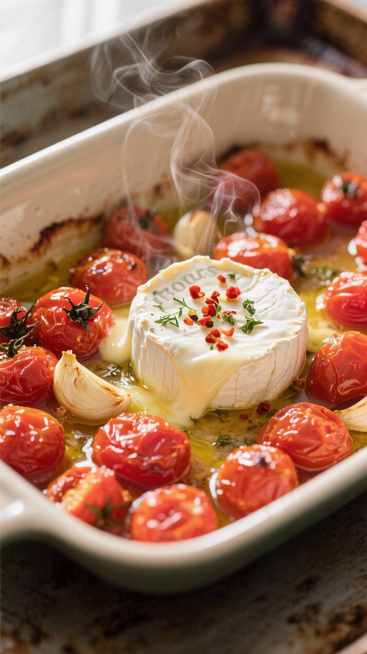 Cooking process, close-up detail: Roasted cherry tomatoes bursting and jammy in a shallow baking dis