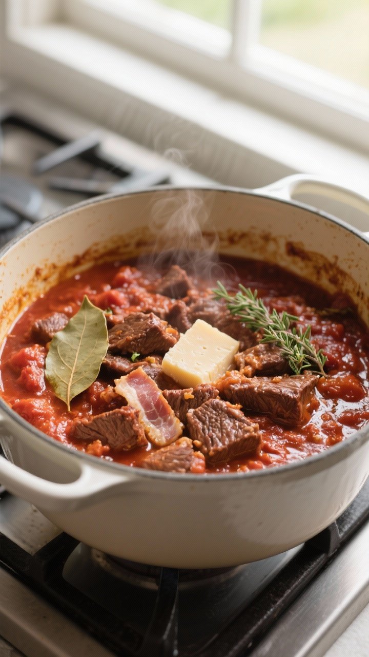 Cooking process — Close-up of glossy beef ragu simmering low and slow in a heavy enameled dutch ov