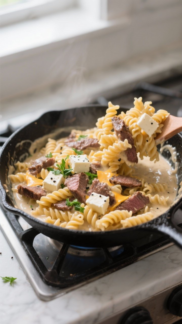 Cooking process: Creamy cheesesteak pasta mid-toss in a large black skillet—al dente rotini coated