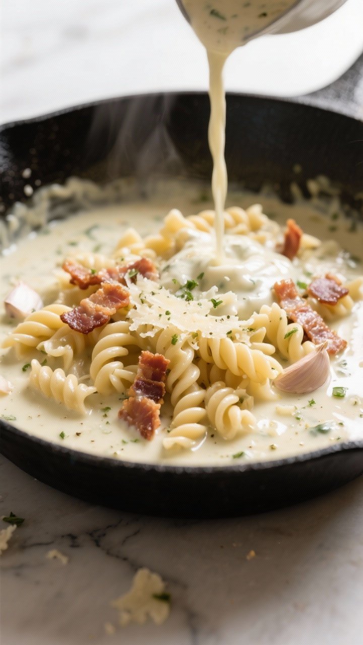 Cooking process: Creamy ranch-infused sauce being finished in a skillet—silky cream and Parmesan e