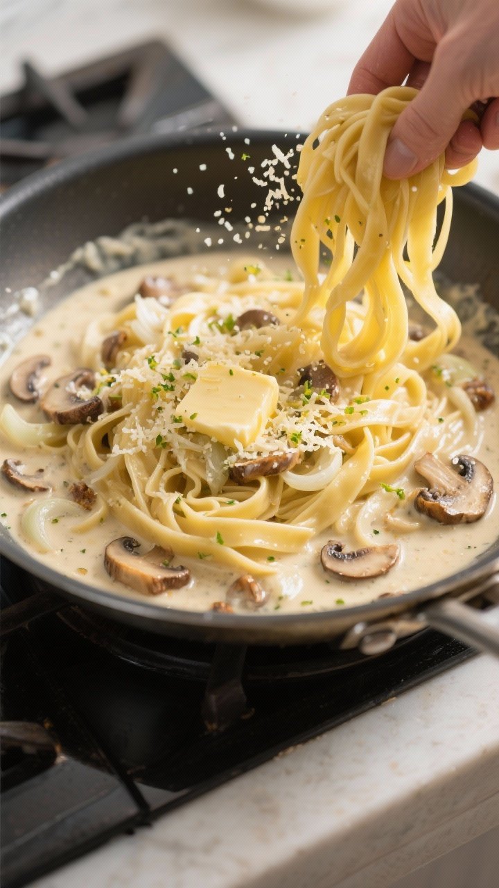 Cooking process: Fettuccine being tossed directly in the creamy pan sauce with onions and mushrooms,