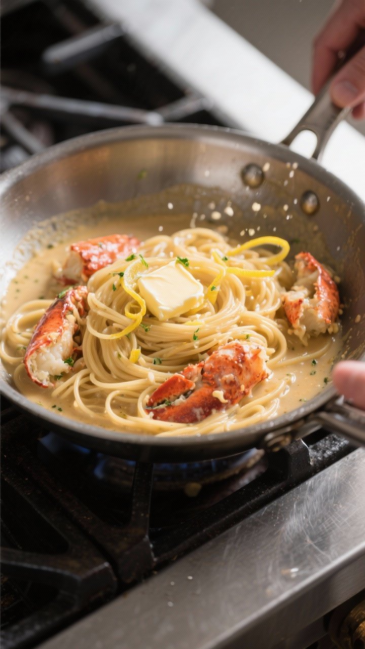 Cooking process: Overhead shot of the pasta being tossed in a wide stainless skillet with the emulsi