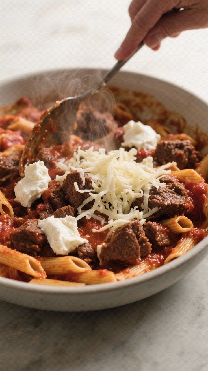 Cooking process shot: Beef marinara and par-cooked penne being combined in a large bowl, with dollop
