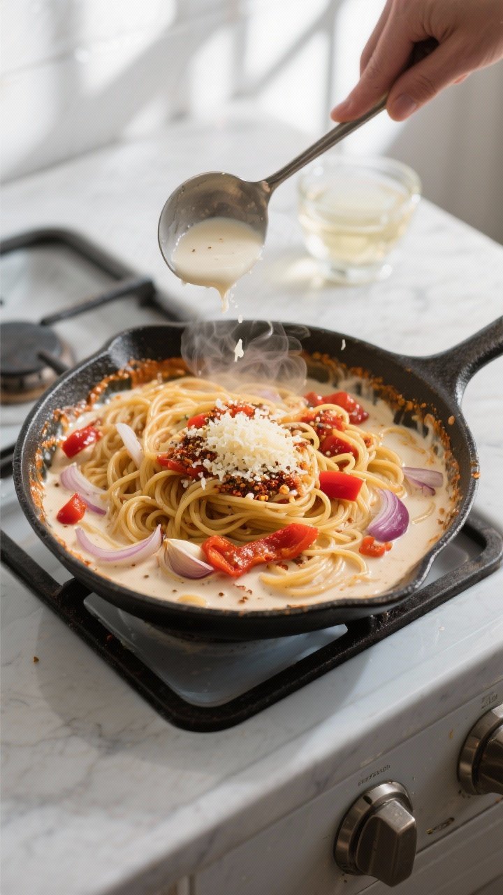 Cooking process shot: Creamy Cajun sauce being finished in a skillet—onion and red bell pepper sof