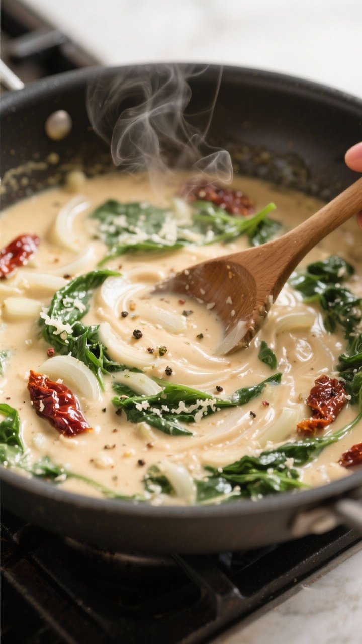 Cooking process shot: Creamy Tuscan sauce in a stainless skillet at a gentle simmer—onion, garlic,