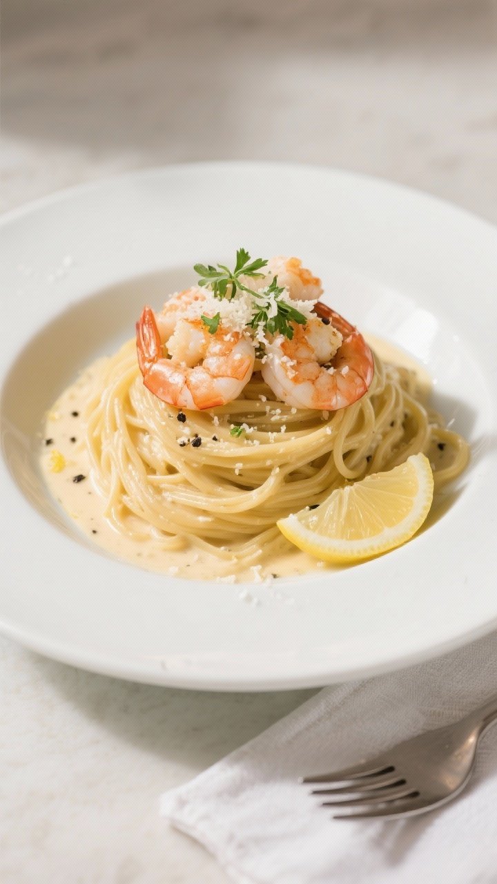 Final dish presentation: Restaurant-quality plate of creamy garlic shrimp linguine twirled into a ne