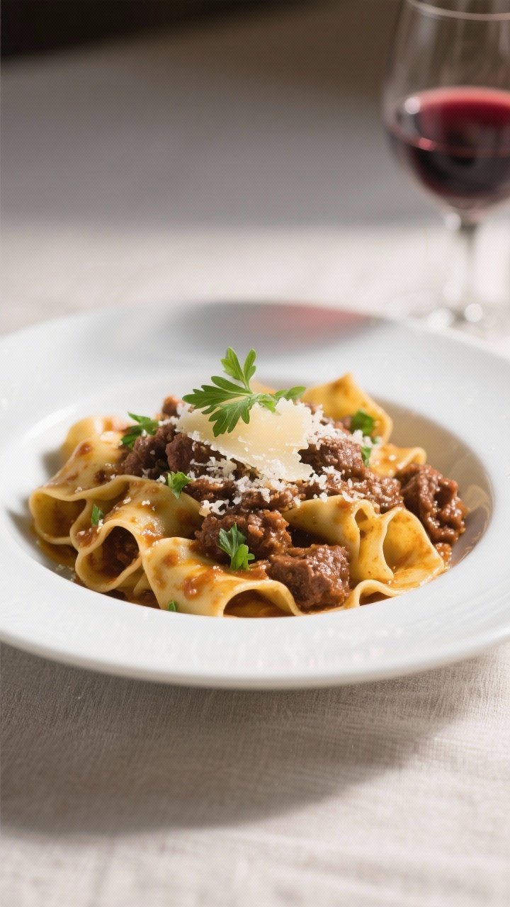 Final dish — Restaurant-quality plating of pappardelle tossed with slow-simmered beef ragu: sauce 