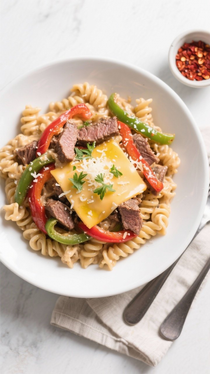 Final dish top view: Beautifully plated Creamy Philly Cheesesteak Pasta Skillet served in a wide whi