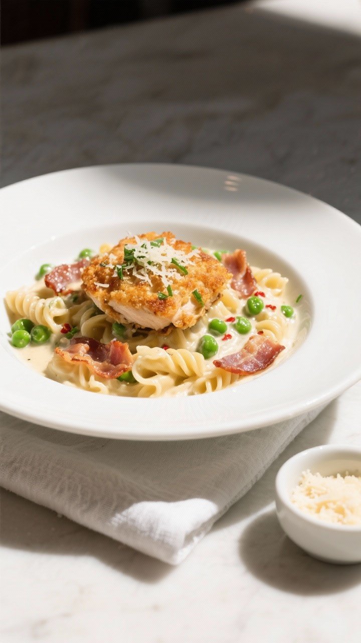 Final dish top view: Crispy Chicken Bacon Ranch Pasta plated in a wide shallow white bowl—short pa
