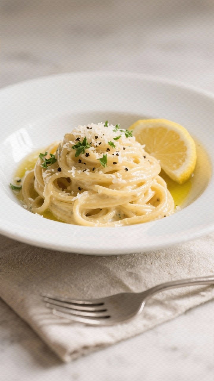Final plated dish: Beautifully plated one-pot creamy garlic pasta twirl in a shallow white bowl, fin