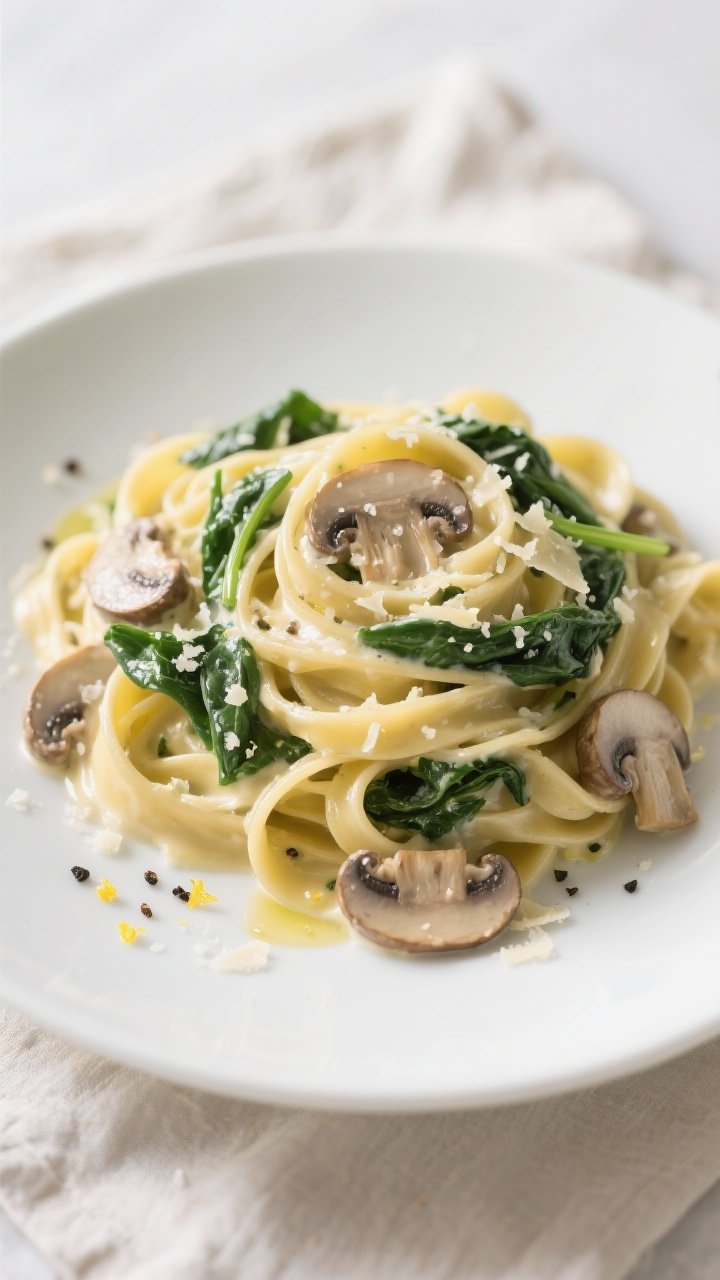 Final plated dish beauty: Creamy spinach and mushroom fettuccine twirled into soft nests on a matte 