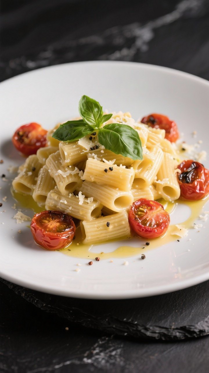 Final plated dish, restaurant-quality presentation: Beautifully plated rigatoni Boursin pasta twirle