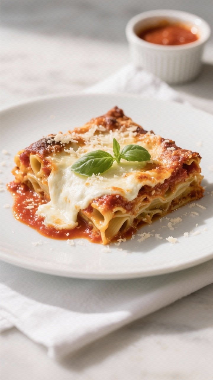 Final plated dish: Restaurant-quality presentation of a generous slice of baked ziti on a matte whit