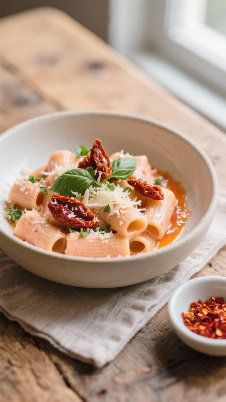 Final plated dish: Restaurant-style bowl of Creamy Sun-Dried Tomato Pasta with Italian Herbs, rigato
