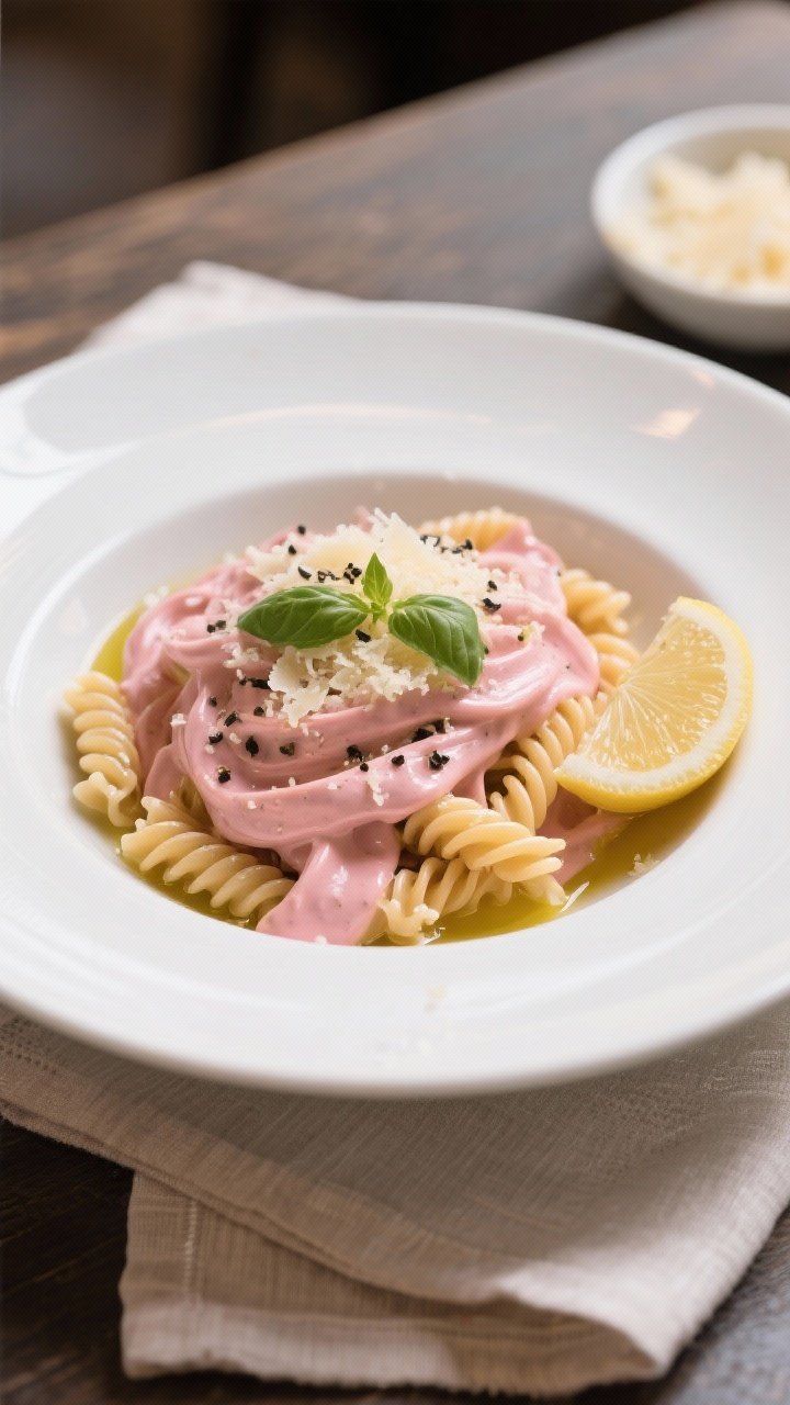Final plated presentation: Beautifully plated creamy pink sauce pasta (fusilli) in a wide, shallow w