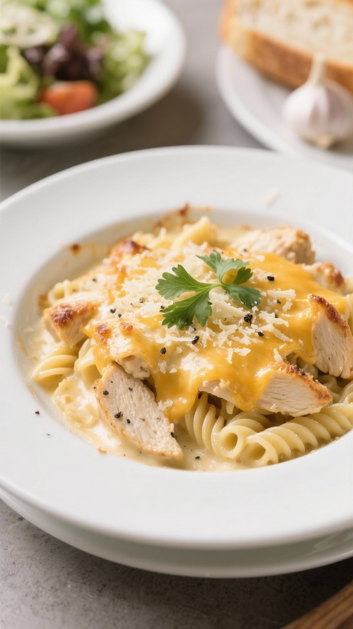 Final plated presentation: Restaurant-quality plate of Cheesy Baked Chicken Alfredo Pasta Casserole
