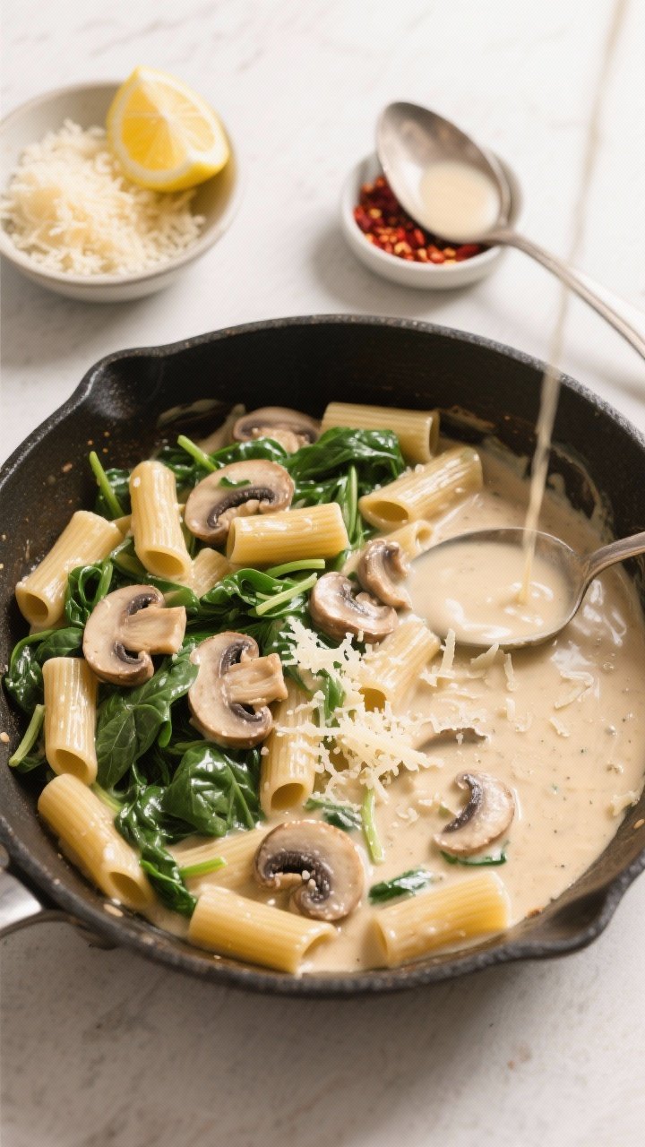 Overhead tasty top view: Top-down shot of a large skillet of glossy cream sauce-tossed rigatoni with