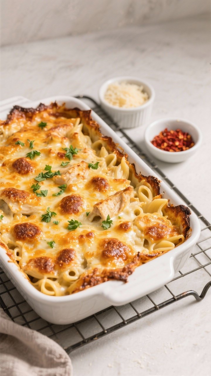 Tasty top-down bake moment: Overhead shot of the assembled Chicken Alfredo pasta casserole just out