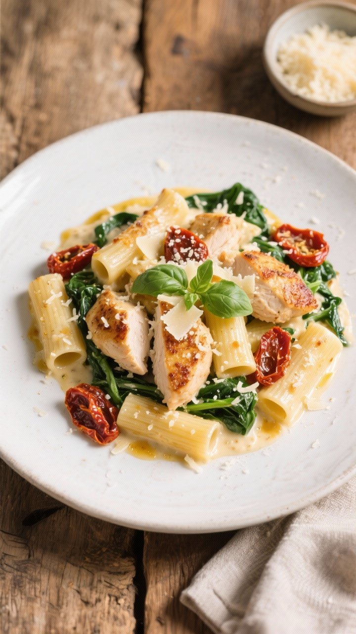 Tasty top-view final plating: Overhead shot of a plated serving of baked Tuscan chicken pasta on a m