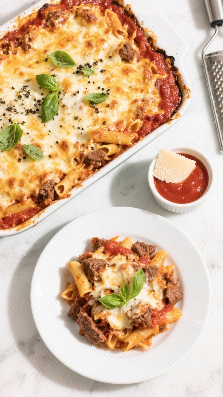 Tasty top-view final presentation: Overhead shot of the finished Cheesy Baked Beef Pasta in a 9x13 b