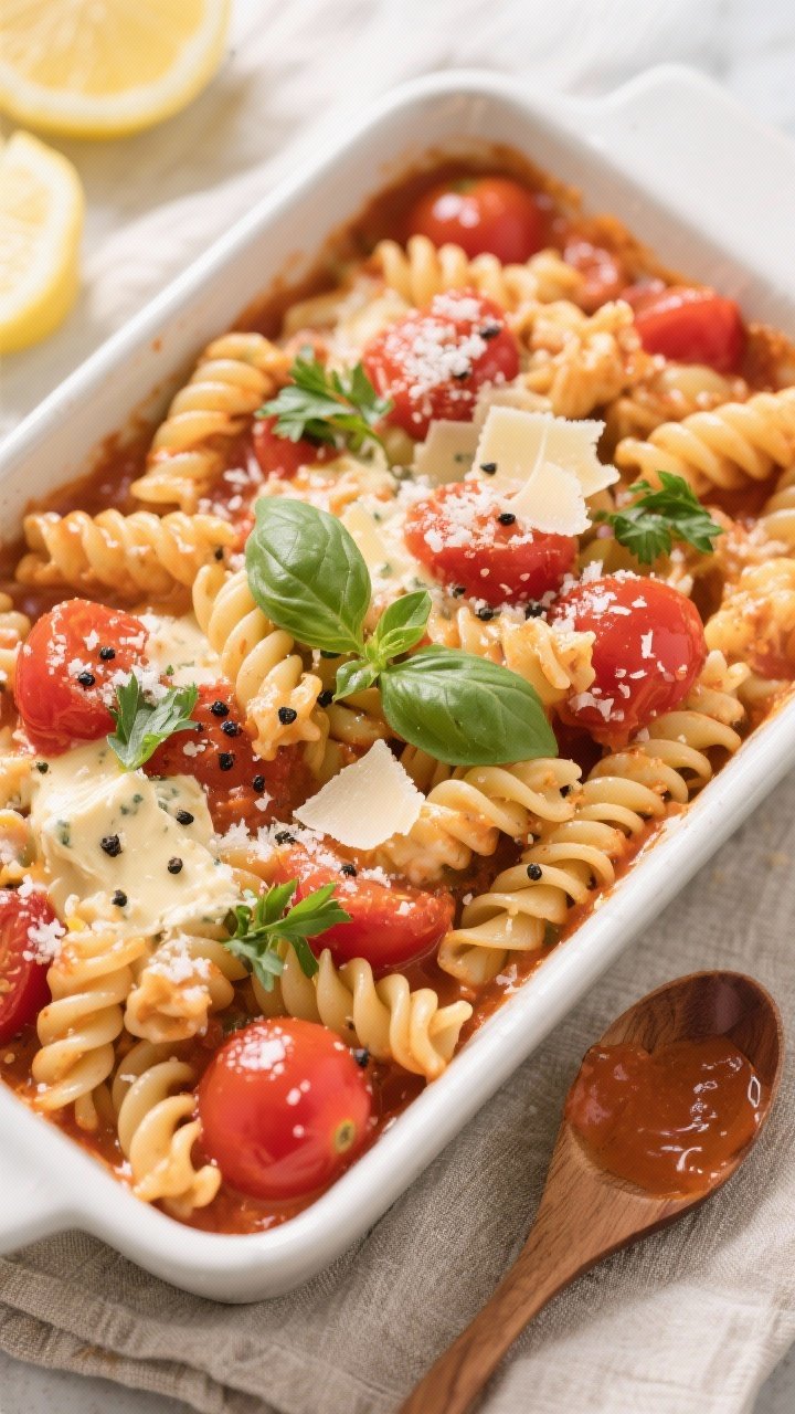 Tasty top view, overhead: Overhead shot of al dente fusilli tossed in creamy Boursin-tomato sauce in
