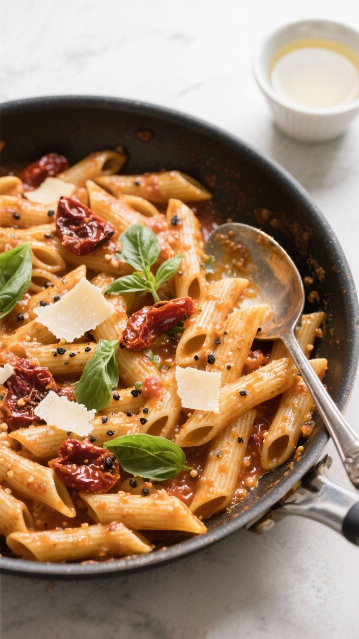 Tasty top view: Overhead shot of a large skillet tossed with penne in the finished sauce, showing st
