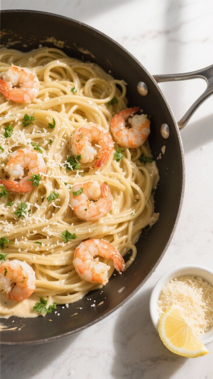 Tasty top view: Overhead shot of creamy garlic shrimp pasta tossed in a large sauté pan, linguine s