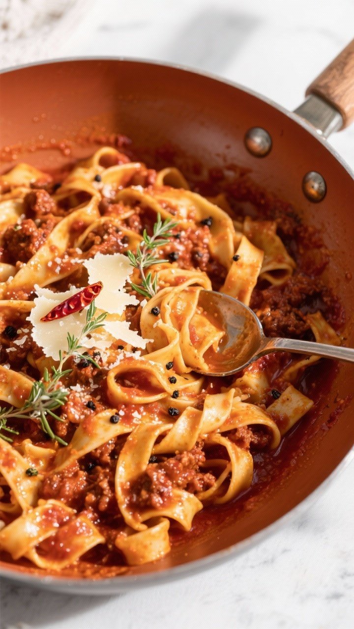Tasty top view — Overhead shot of tagliatelle al ragu in a large sauté pan just after marrying pa
