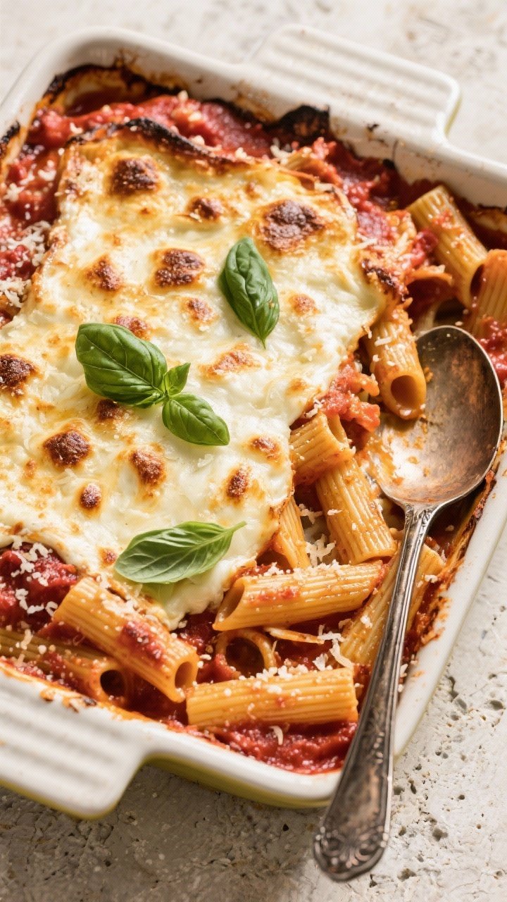 Tasty top view: Overhead shot of the baked ziti just out of the oven—golden, blistered mozzarella