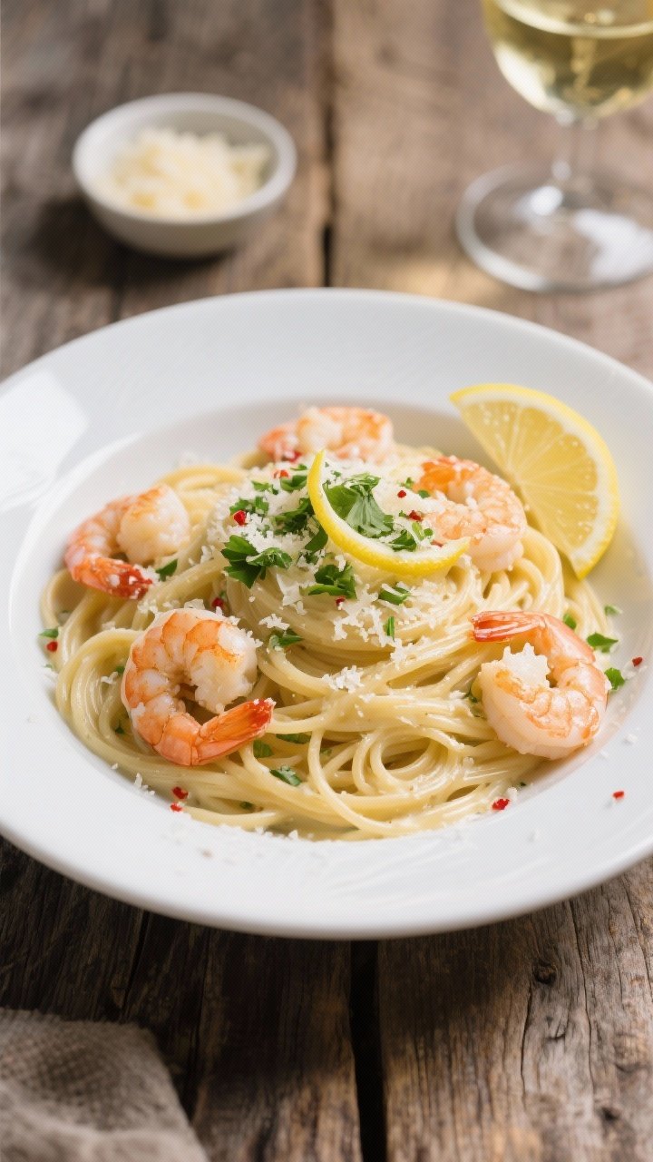 Tasty top view: Overhead shot of the final plated Lemon Shrimp Pasta with White Wine Cream Sauce—n