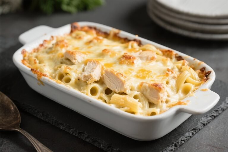Cheesy Baked Chicken Alfredo Pasta Casserole – Comforting, Creamy, and Easy