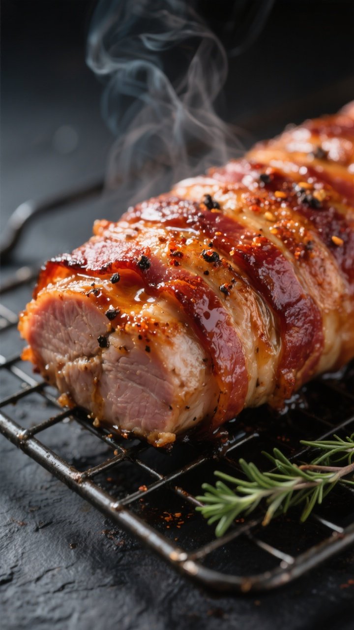 Close-up detail: Bacon-wrapped pork tenderloin fresh from the oven on a wire rack, crisp, mahogany-b