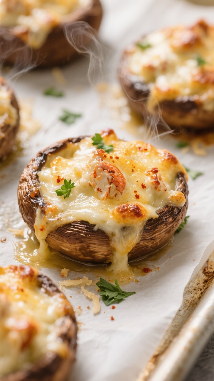 Close-up detail: Golden, bubbly keto crab-stuffed mushrooms just out of the oven on a parchment-line