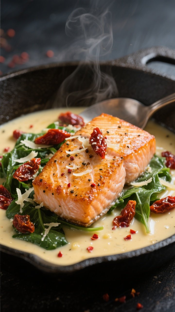 Close-up detail: Golden-seared salmon fillet nestled in a silky Tuscan cream sauce, showing crispy e