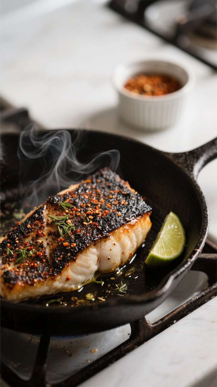 Close-up detail: Searing blackened white fish fillet in a hot cast-iron skillet, showing a deeply ch