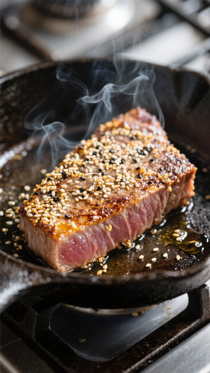 Close-up detail: Searing sesame-crusted tuna steak in a hot cast-iron skillet, golden toasted white 
