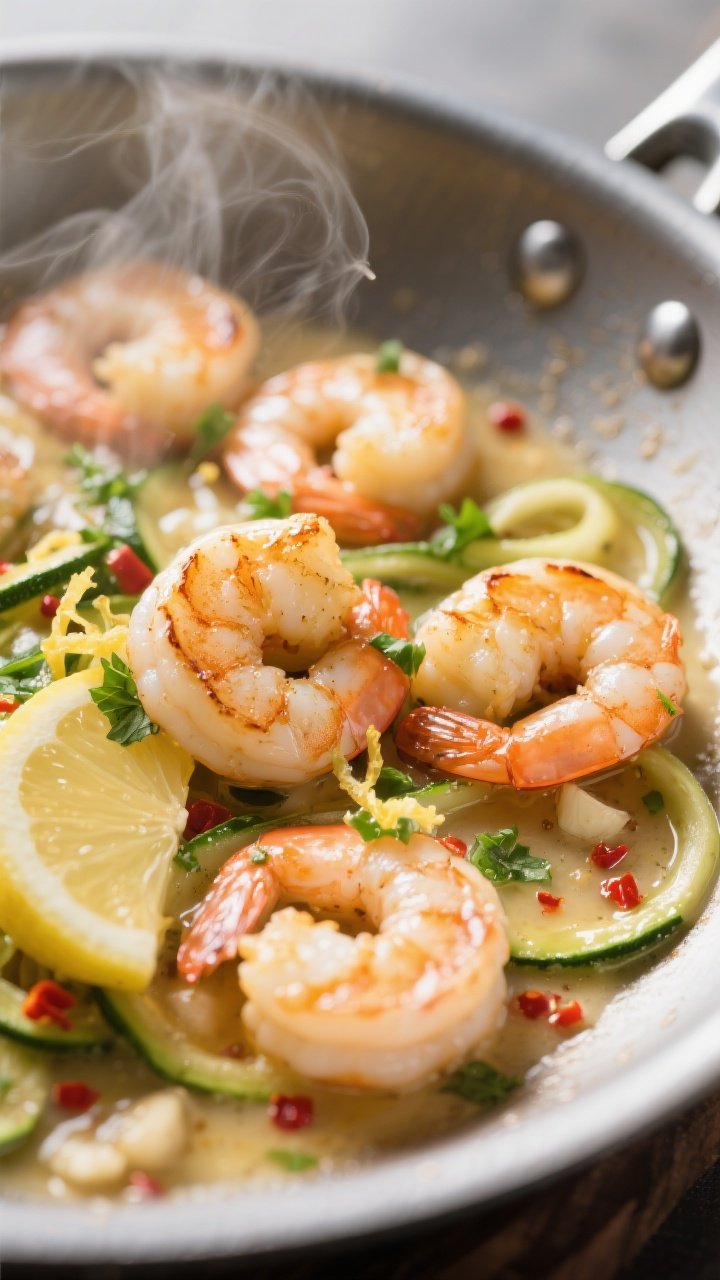 Close-up detail shot: Juicy shrimp scampi just finished in the skillet, shrimp curled and opaque wit