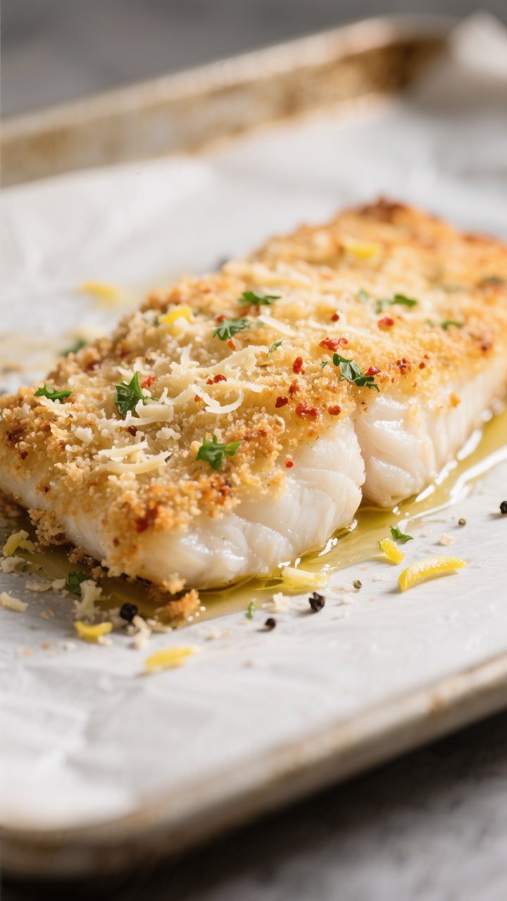 Close-up detail shot: Parmesan-crusted cod fresh from the oven, crust-side up, showing a deeply gold