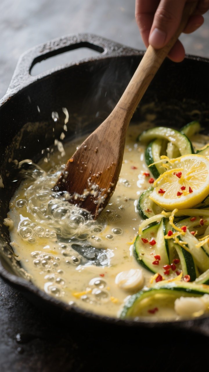 Cooking process action: Deglazing stage in a cast-iron skillet—lemon-butter-garlic base sizzling a