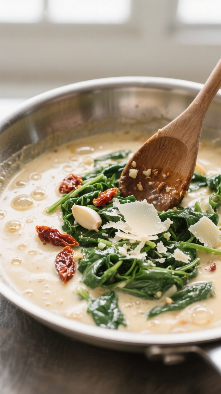 Cooking process: Action shot of the sauce-building stage—creamy chicken-broth-and-heavy-cream base